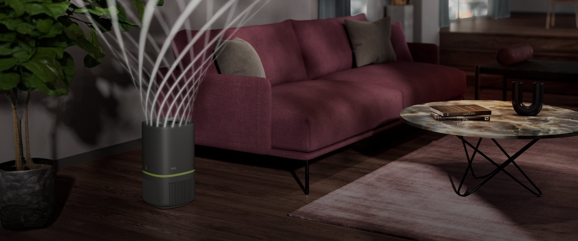 AEG-luftrenser i en stue med en visualisering av kraftig luftsirkulasjon som sprer ren luft i hele rommet.